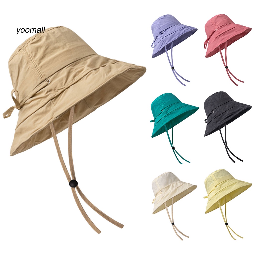Nón Tai Bèo Mỏng Chống Nắng / Gió Xếp Ly Màu Trơn Thoáng Khí Có Dây Thừng Có Thể Giặt Rửa Cho Nữ