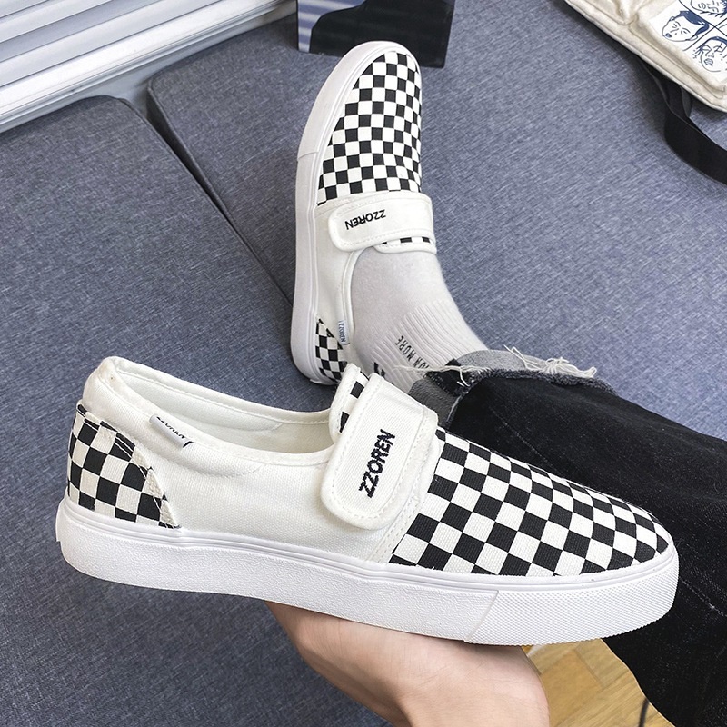 GUDETU01.Giày Thể Thao canvas Cổ Thấp Họa Tiết Sọc Caro Trắng Đen Thời Trang Cho Nam Và Nữ