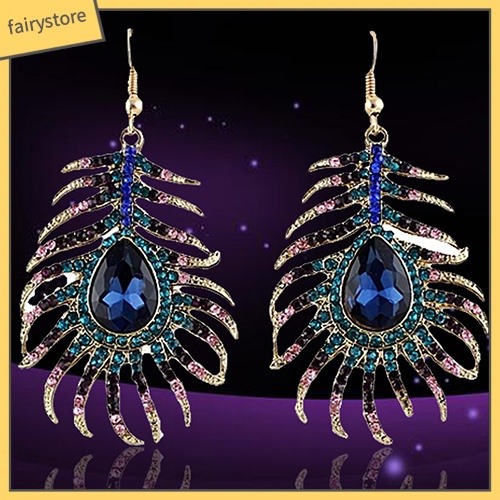 1 Cặp Bông Tai Hình Lông Công Đính Đá Phong Cách Retro Dành Cho Nữ