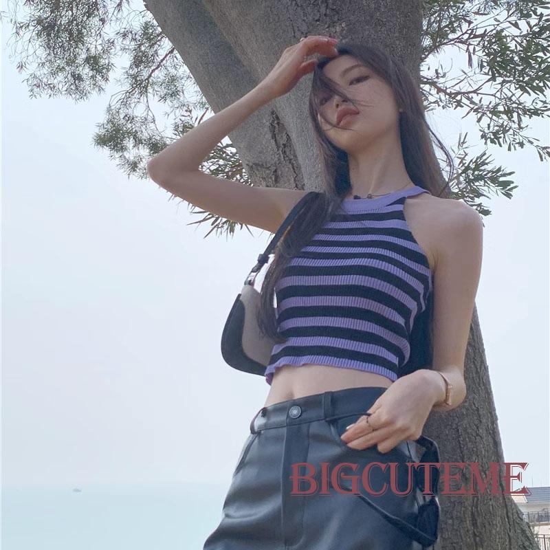 Áo Croptop Không Tay In Họa Tiết Kẻ Sọc Đơn Giản Thời Trang Mùa Hè Cho Nữ