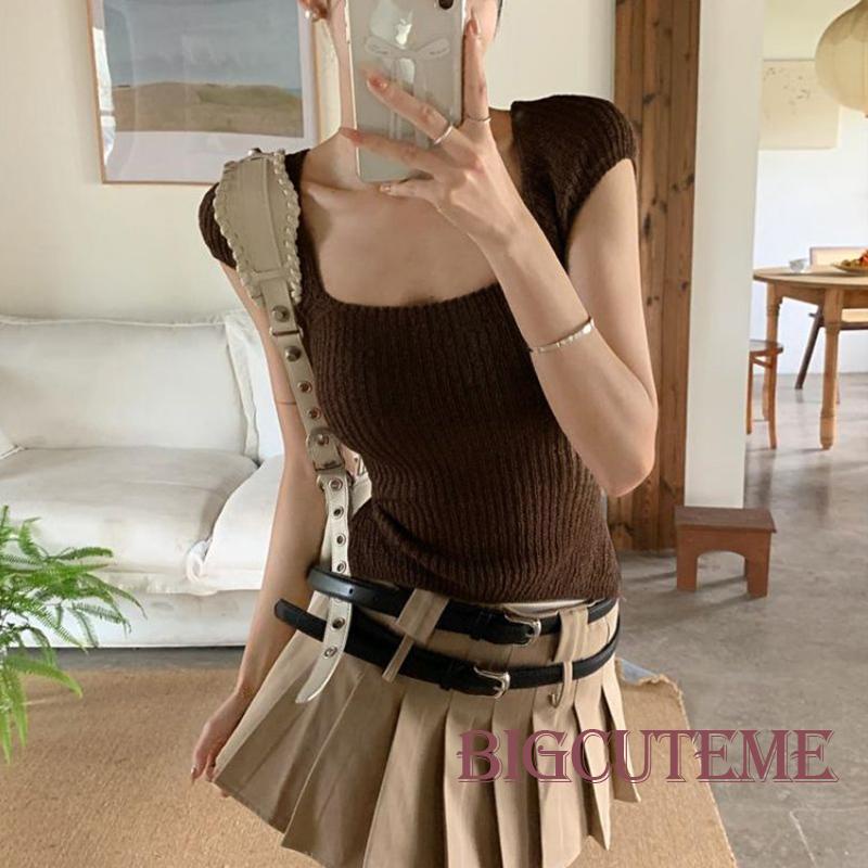 Áo Thun Dệt Kim Ngắn Tay Cổ Vuông Thắt Dây Thời Trang Đường Phố Dành Cho Nữ