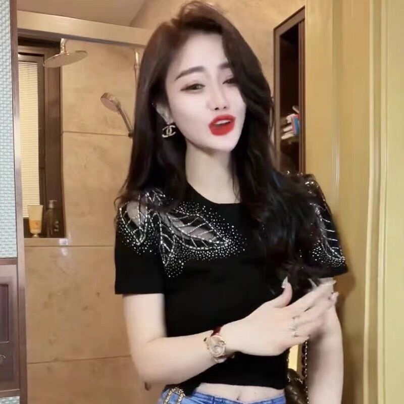 Áo Thun Cao Cấp Tay Ngắn Đính Đá Lấp Lánh Kiểu Dáng Mùa Hè Plus Size