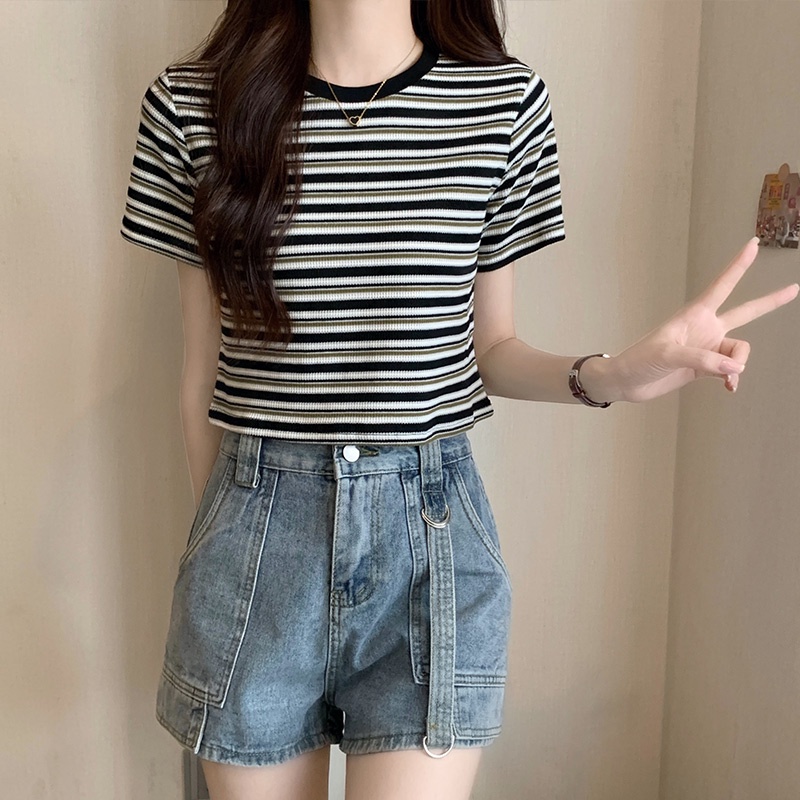 SUXI Áo Thun Ngắn Tay Cổ Tròn Họa Tiết Kẻ Sọc Phong Cách Vintage