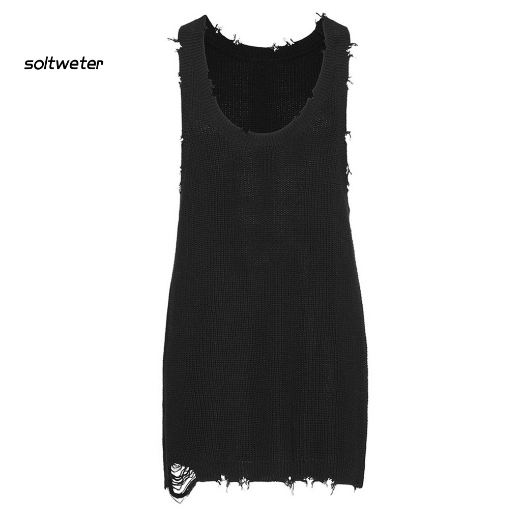 Áo Ba Lỗ Dệt Kim Màu Trơn Cổ Tròn Dáng Rộng Rách Gối Phong Cách Vintage Mùa Hè Cho Nam