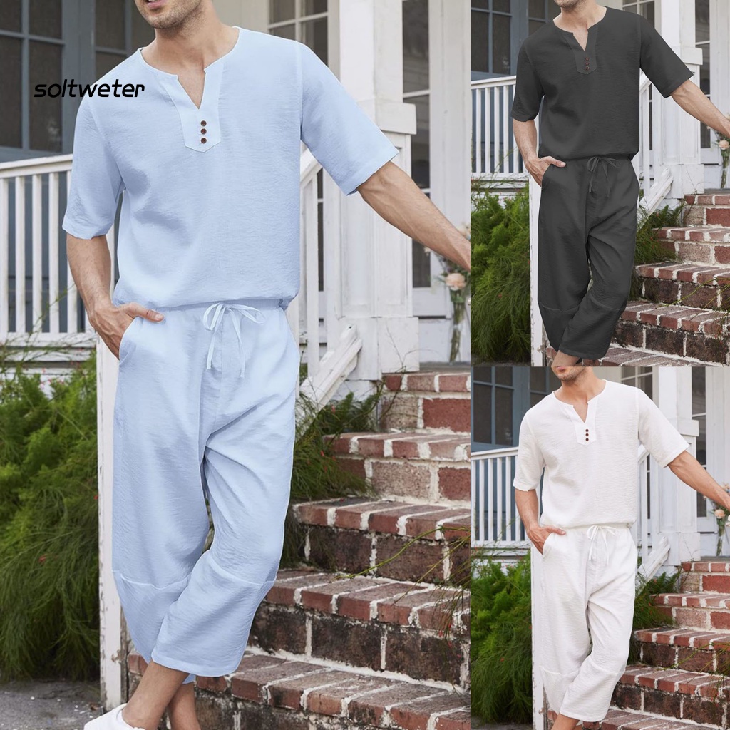 Set Đồ Mùa Hè 2 Món Gồm Áo Thun Cổ Chữ V Lưng Thun + Quần Dài Màu Trơn Cho Nam