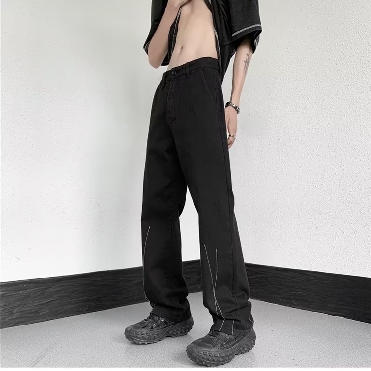 Quần Jean Dài Dáng Rộng Màu Đen Phong Cách Retro Đường Phố Cá Tính Cho Nam