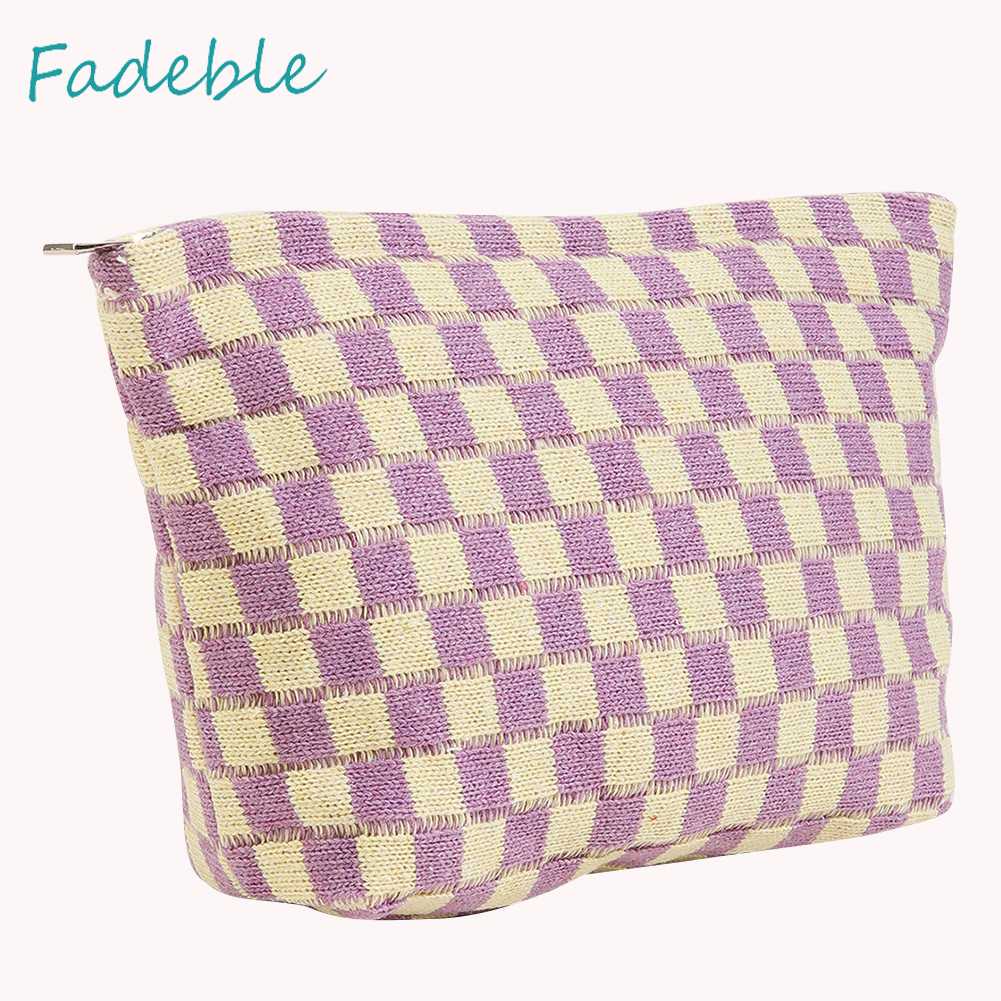 Túi Đựng Mỹ Phẩm Sức Chứa Lớn Họa Tiết Sọc Caro Xinh Xắn Tiện Dụng