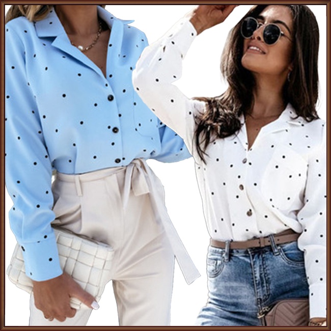 Áo Sơ Mi Dài Tay Họa Tiết Chấm Bi Thanh Lịch Cho Nữ
