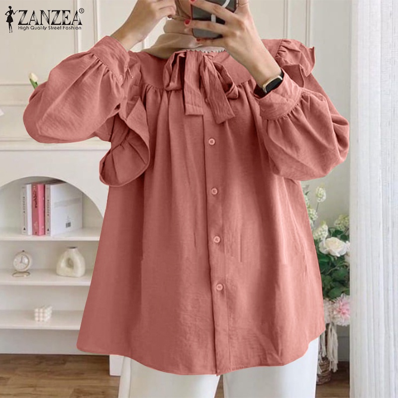 Zanzea Áo Sơ Mi Tay Dài Phồng Xếp Ly Cài Nút Trước Thời Trang Cho Nữ
