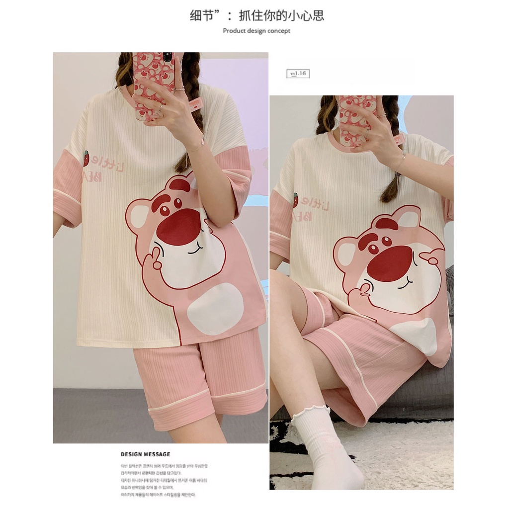 Bộ Đồ Ngủ Cotton Cổ Tròn Tay Ngắn Họa Tiết Hoạt Hình Thời Trang Mùa Hè 6535