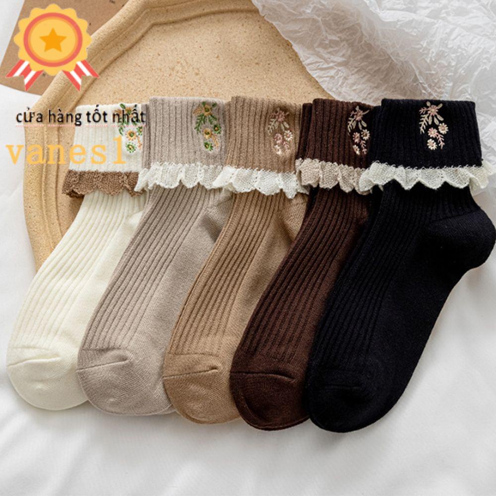 Vớ Phối Ren Màu Trơn Thêu Họa Tiết Phong Cách Lolita Dành Cho Nữ VANES1