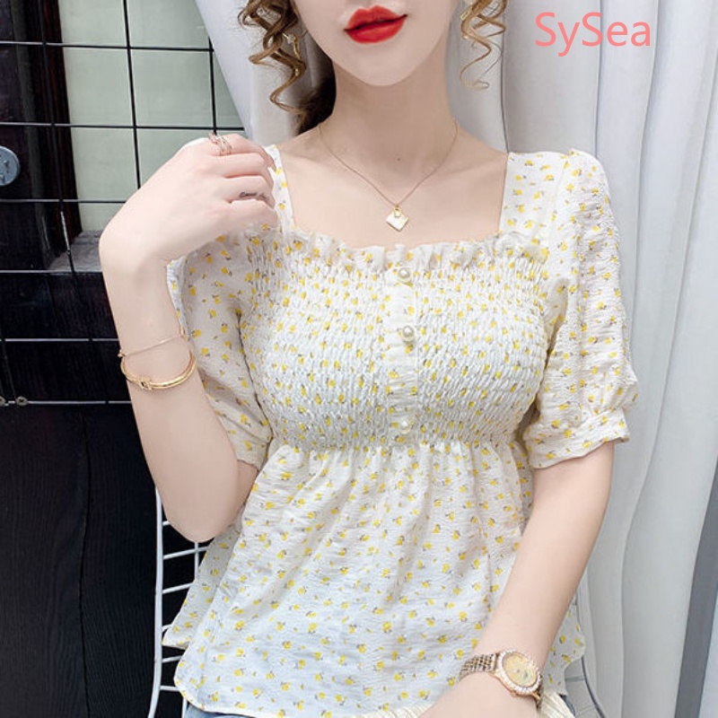 Áo Kiểu Cổ Vuông Họa Tiết Hoa Xinh Xắn Thời Trang Mùa Hè Cho Nữ