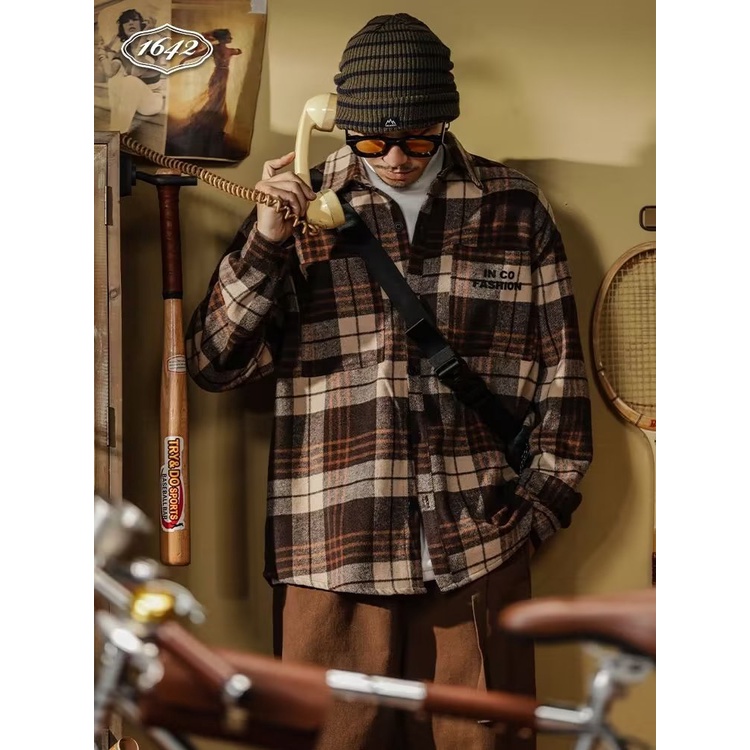 Áo Khoác Sơ Mi Vải Flannel Dày Dáng Rộng Cỡ Lớn Kiểu Retro Thời Trang Xuân Thu Cho Nam