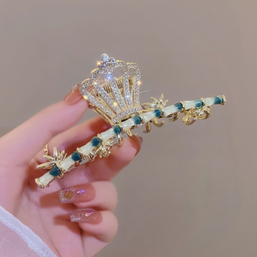 Kẹp Tóc Đuôi Ngựa Hình Vương Miện Bằng Tre Và Hợp Kim Đính Đá Pha Lê Phong Cách