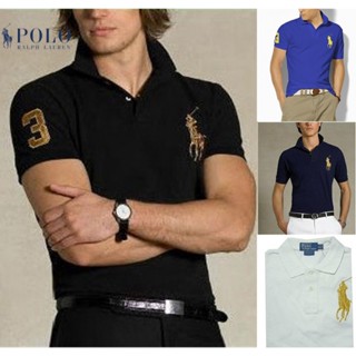 POLO Ralph Lauren Nam Áo Thun POLO Cotton Nguyên Chất Tay Ngắn Phối Lưới Thêu Họa Tiết Malaysia Vàng Chất Lượng Cao Cho Nam