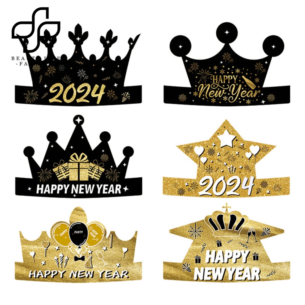 Bộ 6 Phụ Kiện Trang Trí Tóc Hình Vương Miện Bằng Giấy Màu Sáng Mừng Năm Mới 2023