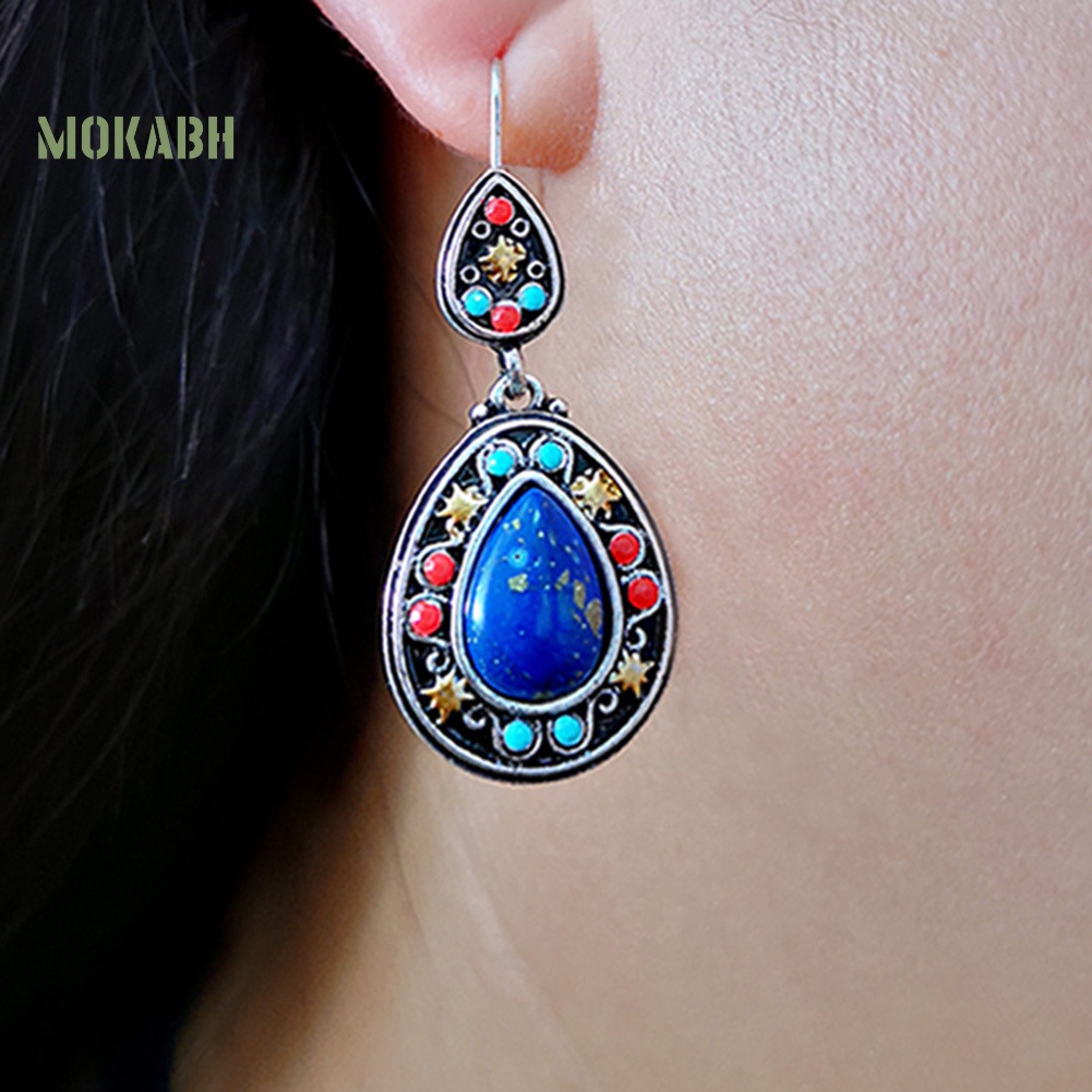 [Mok Abh] Bông Tai Hình Giọt Nước Có Đính Đá Giả Phong Cách Vintage