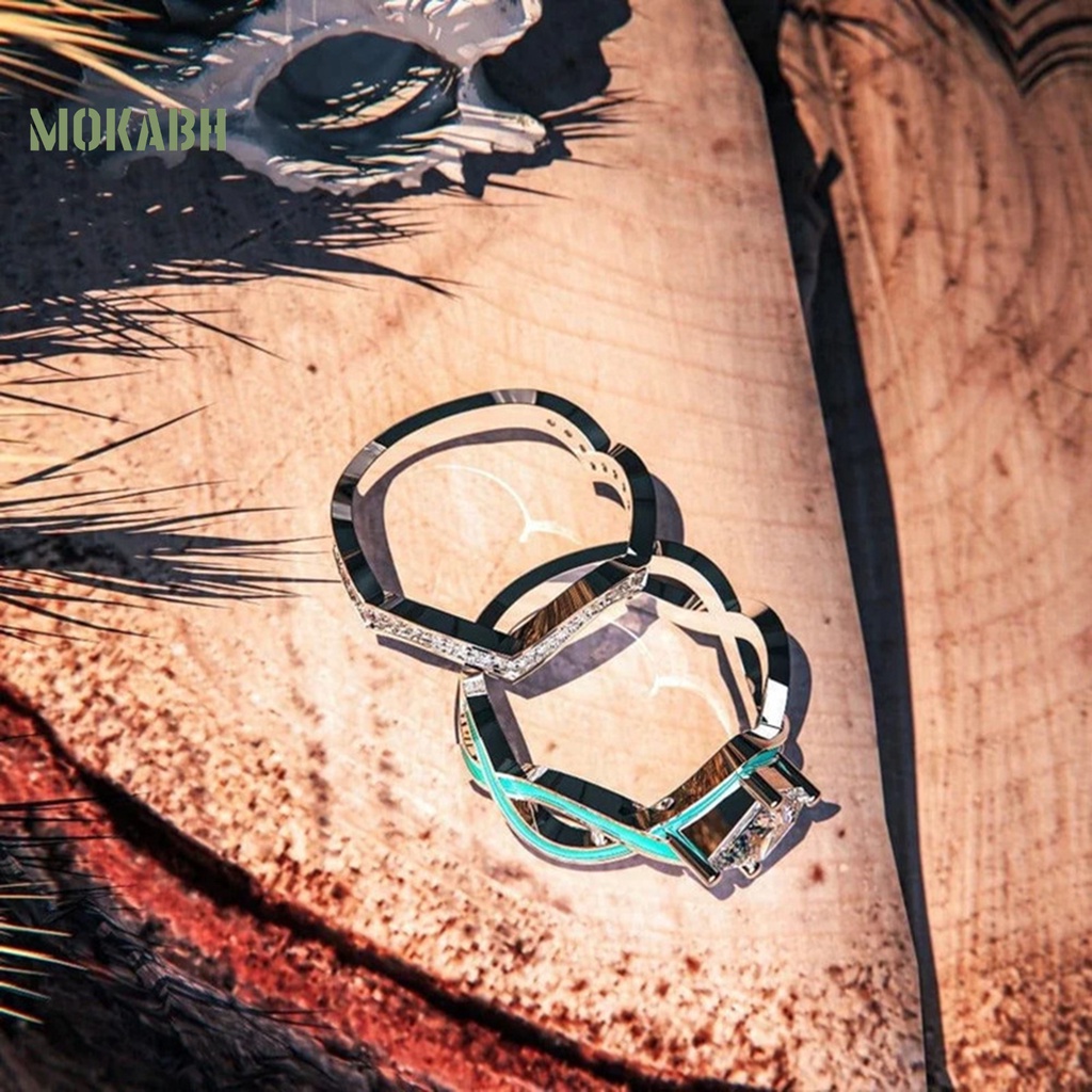 [Mok Abh] Nhẫn Hai Lớp Đính Đá Ngọc Lam Nhân Tạo Hình Sóng Biển Phong Cách Vintage Cho Nữ