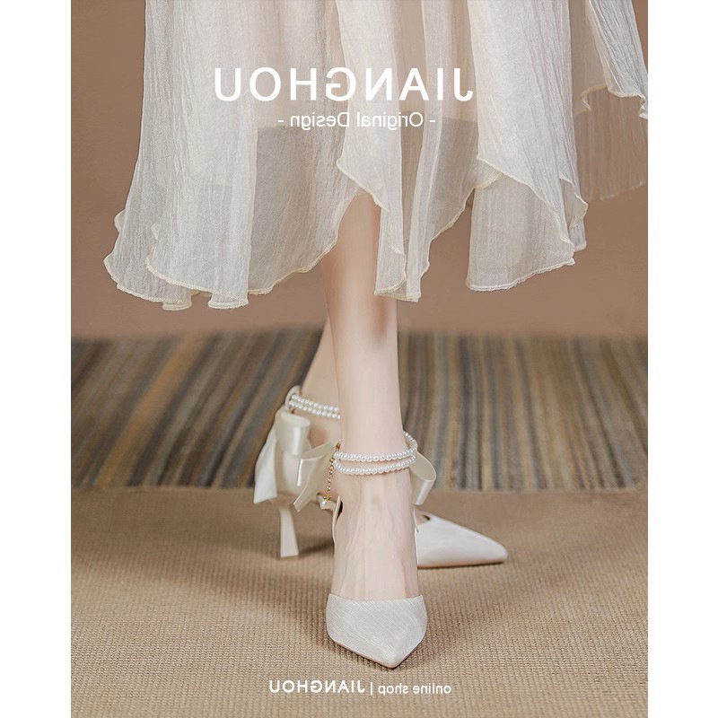 Duoya Tóc Thẳng ~ [Hàng Có Sẵn] [Sandal Cao Cấp Niche Đính Nơ Ngọc Trai Siêu Cổ Tích Miễn Phí Vận Chuyển