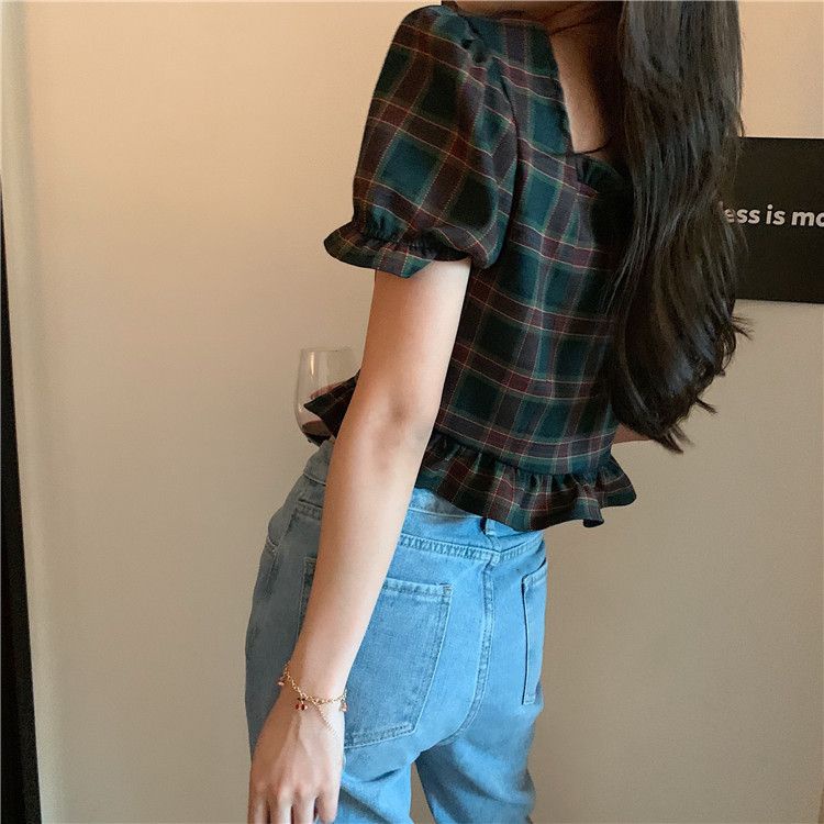 Áo Sơ Mi Ngắn Lưng Cao Dáng Ôm Chất Liệu Chiffon Họa Tiết Sọc Caro Thời Trang Mùa Hè Mới Cho Nữ