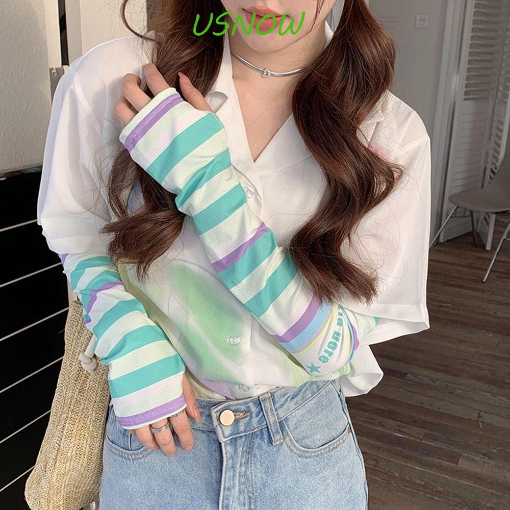 Găng Tay Chống Nắng Tia UV Vải Lụa Lạnh Thoáng Khí Họa Tiết Kẻ Sọc Cầu Vồng