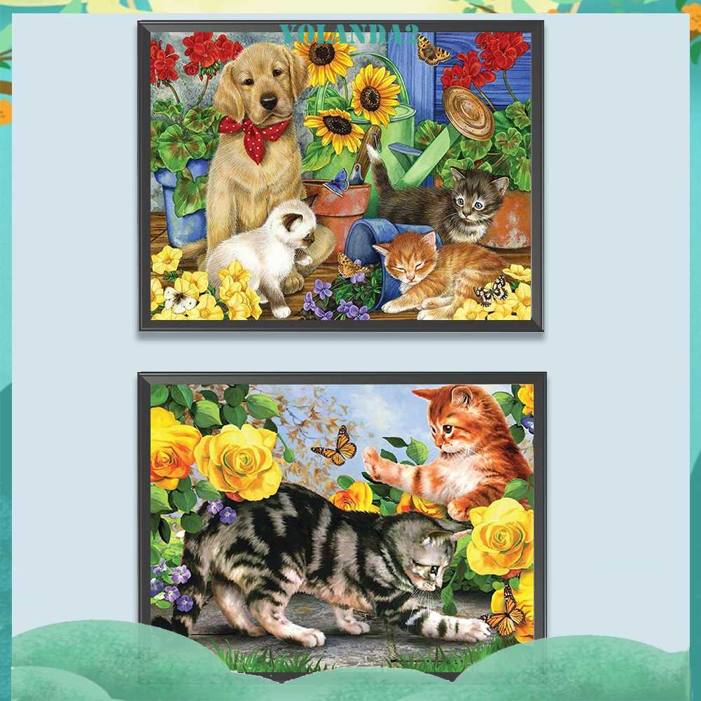 Tranh Đính Đá Kim Cương Toàn Bộ 5D DIY Hình Vẽ Chó Mèo Trang Trí Nhà Cửa