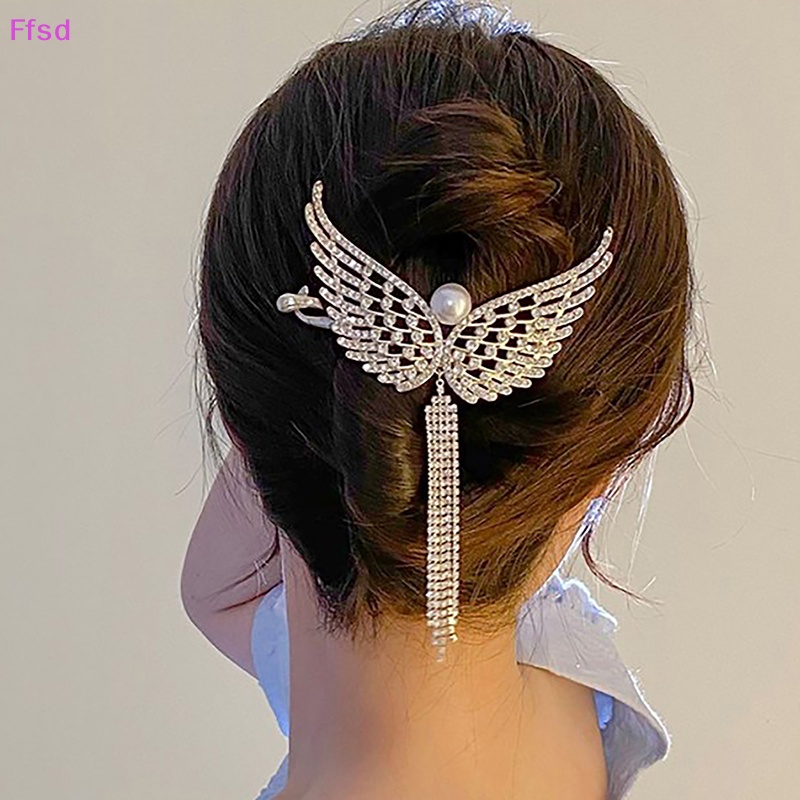 {Ffsd} Kẹp Tóc Đuôi Ngựa Hình Đôi Cánh Thiên Thần Đính Đá Ngọc Trai Giả Phong Cách Hàn Quốc Cho Nữ * Bán Chạy