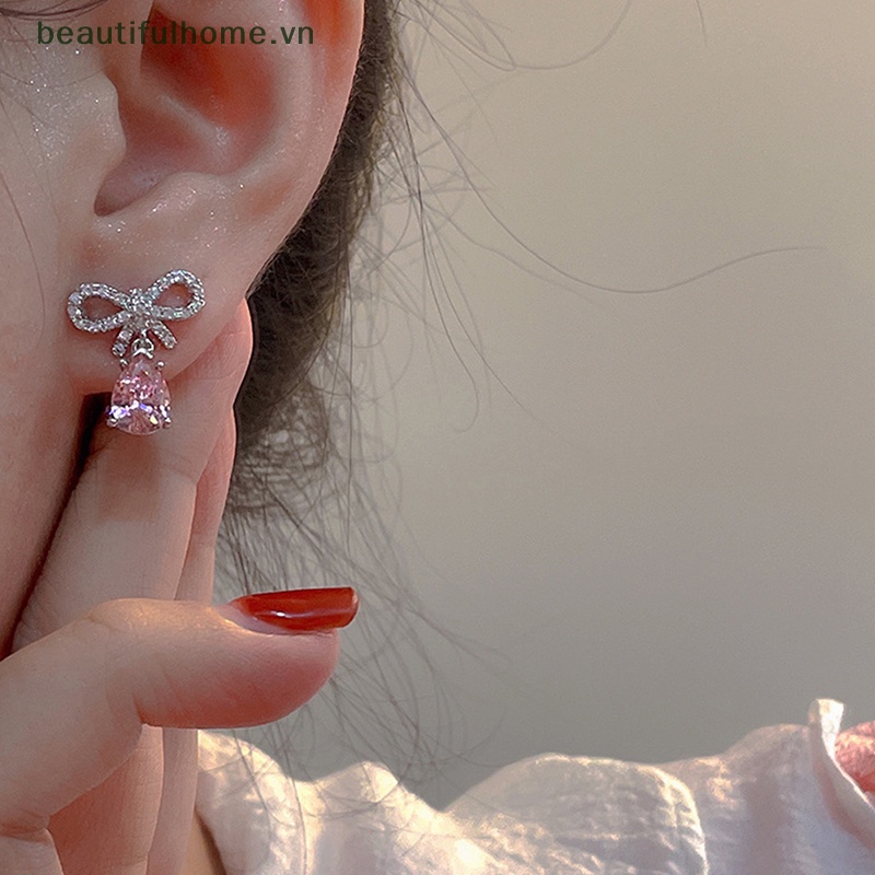 Set 1 / 2 Đôi Bông Tai Đính Đá Zircon Hồng Hình Giọt Nước Thanh Lịch Cho Nữ