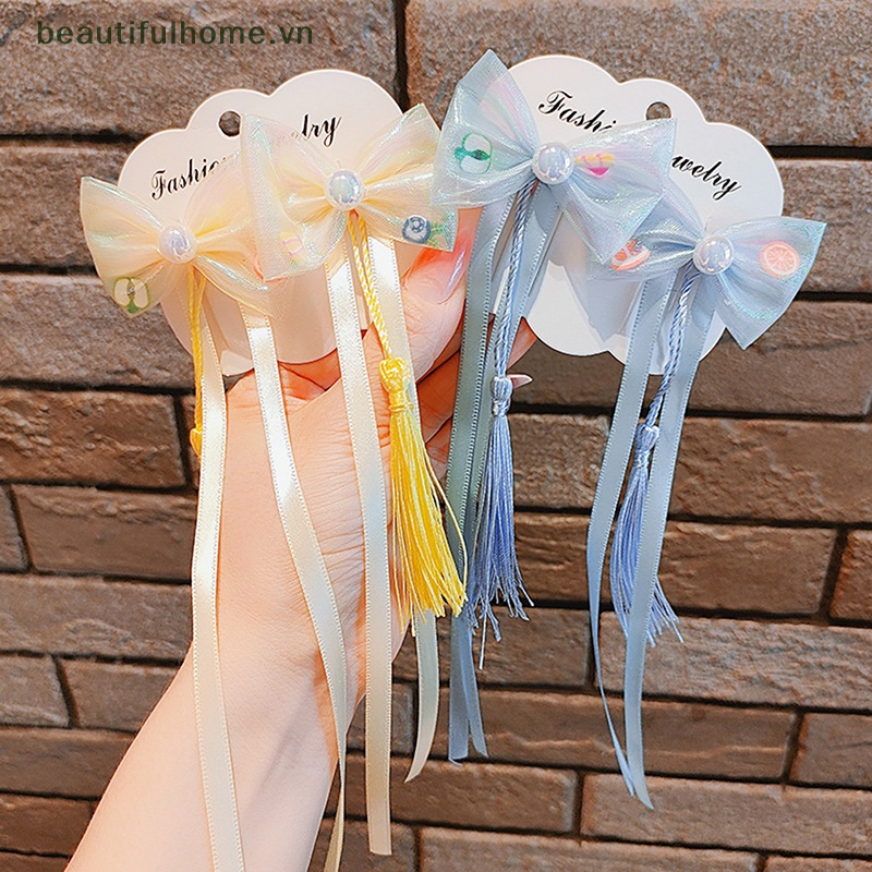 Bộ 2 Kẹp Tóc Nơ Phối Dây Ruy Băng Tua Rua Phong Cách Trung Hoa Dễ Thương Cho Bé Gái