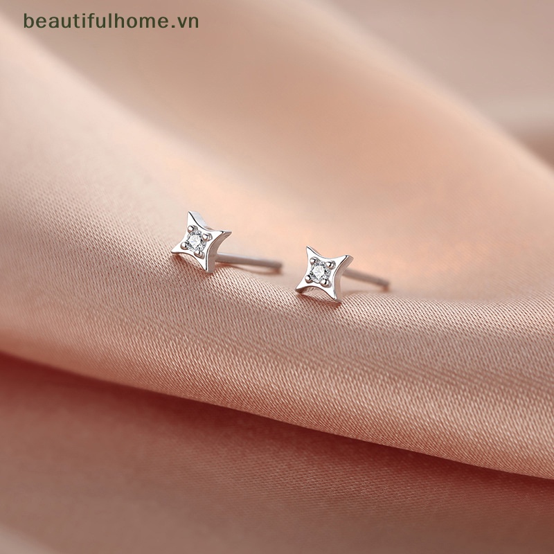 [beautifulhome] Bông Tai Ngôi Sao Bốn Cánh Màu Bạc Đơn Giản Siêu Cổ Tích Làm Quà Tặng Bán Chạy [beauty]