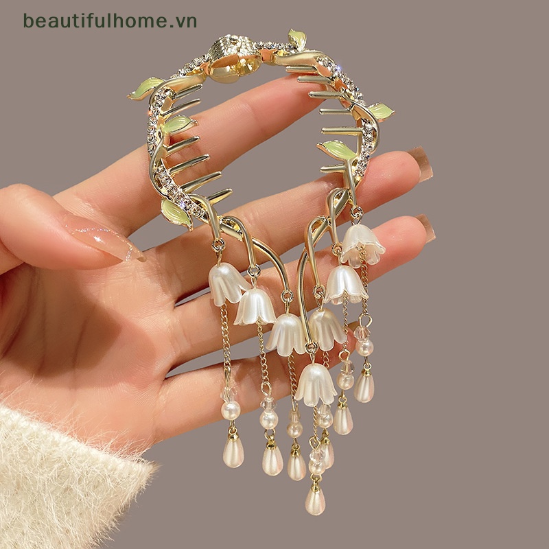 Kẹp Tóc Càng Cua Đính Đá Phối Tua Rua Thanh Lịch Cho Nữ
