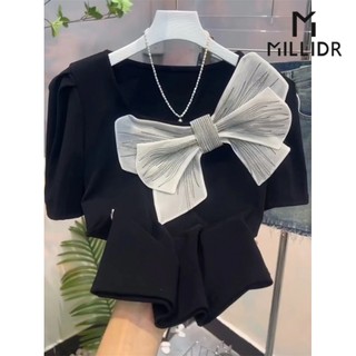 Áo Thun Cotton Tay Ngắn Cổ Vuông Thắt Nơ Phong Cách Mới Dành Cho Nữ