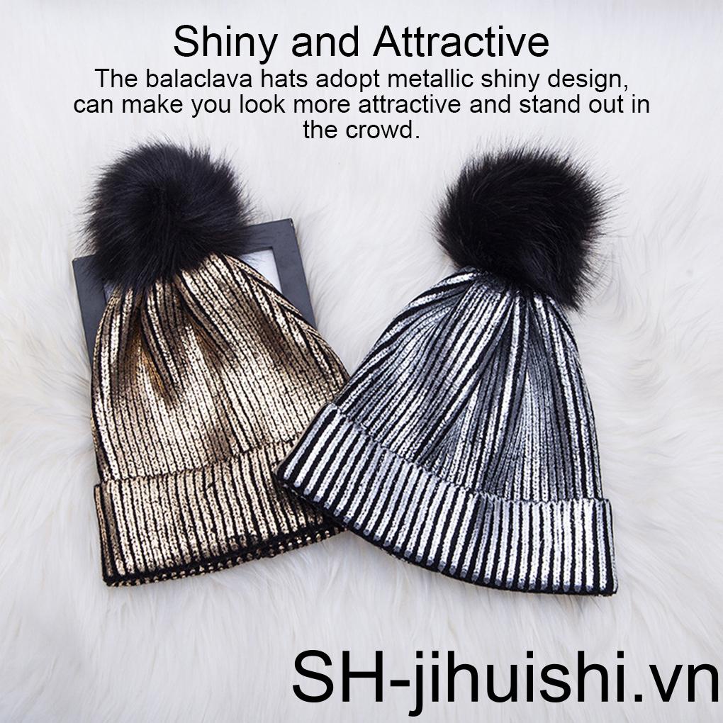 Mũ Len Đính Quả Bông Màu Ánh Kim Lấp Lánh Phong Cách Hip hop Thời Trang Mùa Đông