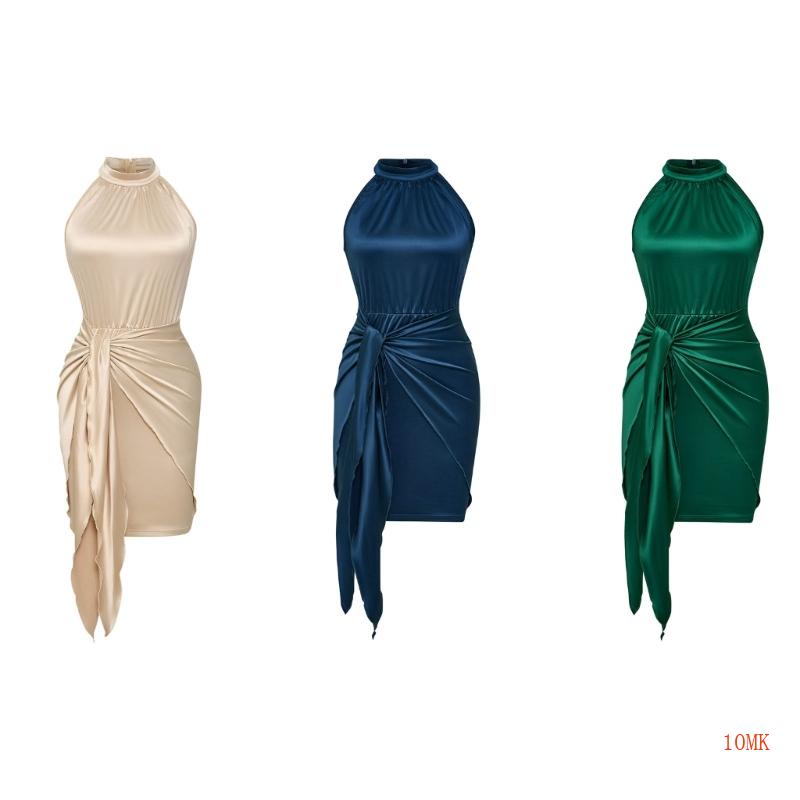 Xiangbao Đầm Mini Ôm Dáng Không Tay Thắt Nơ Eo Bằng Satin Màu Trơn Gợi Cảm Cho