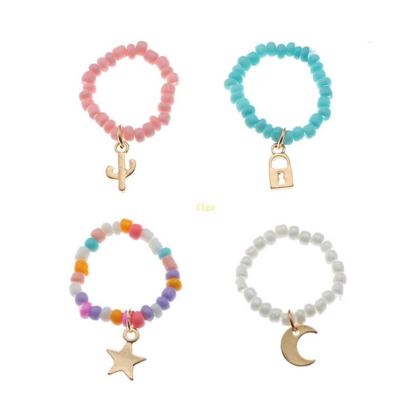 Set 4 Nhẫn Đeo Khớp Ngón Tay Họa Tiết Ngôi Sao / Mặt Trăng Màu Sắc Cầu Vồng Dễ Thương