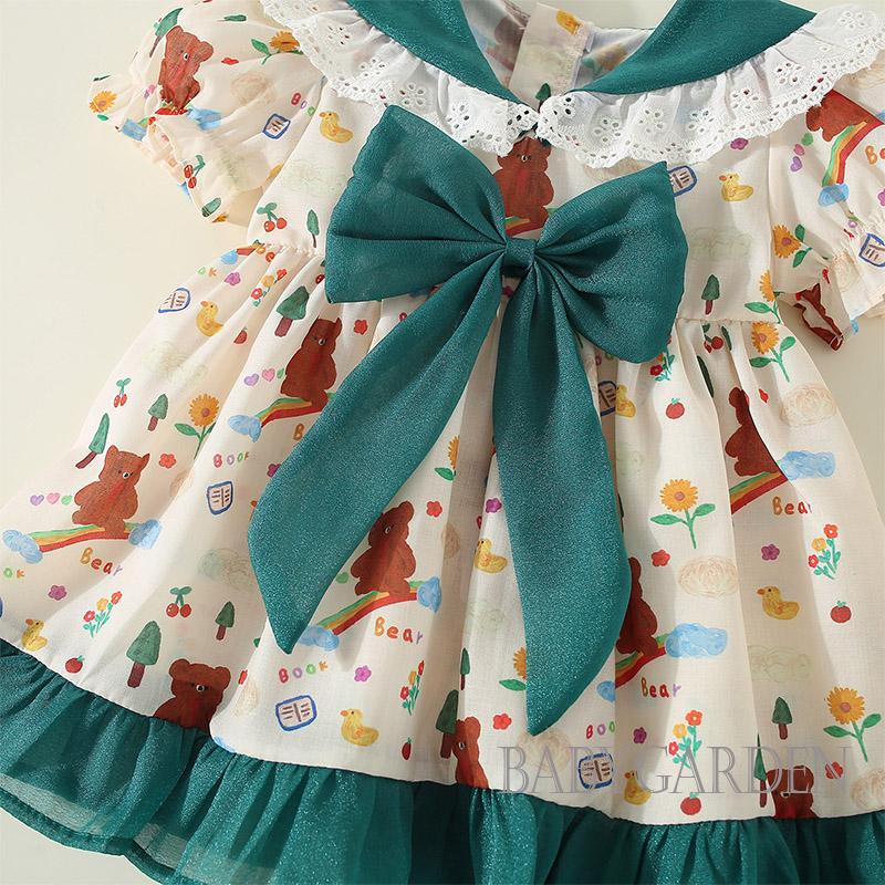 Đầm Công Chúa Chữ A Tay Ngắn In Họa Tiết Chú Gấu Đính Nơ Xinh Xắn Cho Bé Gái 9 Tháng Tuổi - 3 Tuổi