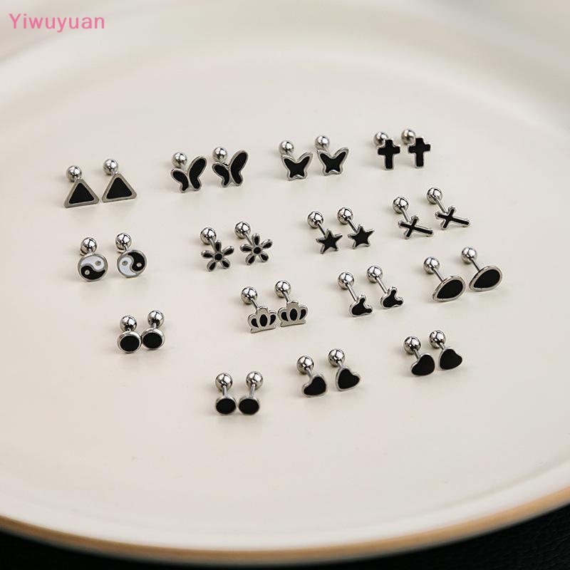 Khuyên Tai Hình Ngôi Sao / Trái Tim / Tròn Màu Đen / Bạc Thời Trang Cho Nữ
