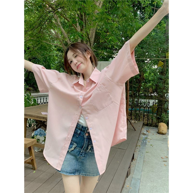 Áo Sơ Mi Nữ Tay Ngắn Dáng Rộng Màu Trơn Thời Trang Mùa Hè Mới