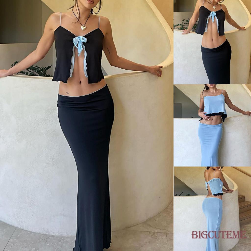 [] - Áo Yếm + Chân Váy 2 Lớp Lưới Ôm Dáng Không Tay Mùa Hè Màu Sắc Tương Phản Cho Nữ