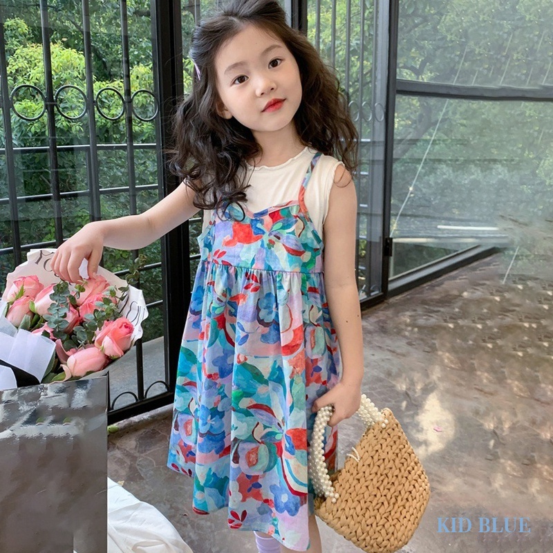 Đầm Công Chúa Giả Hai Lớp Cổ Tròn In Họa Tiết Hoa Phong Cách Hàn Quốc Thời Trang Mùa Hè Cho Bé Gái