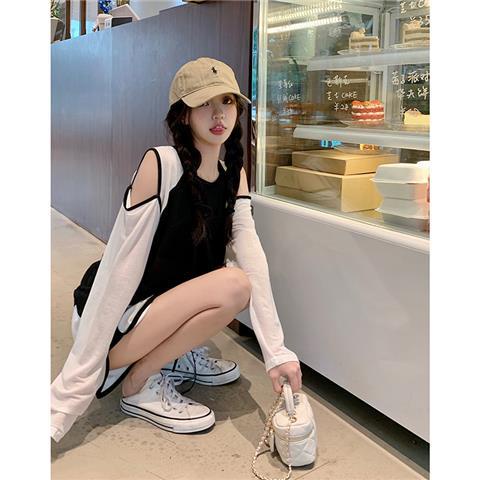 Áo Thun Tay Dài Trễ Vai Mỏng Chống Nắng Phối Màu Tương Phản Thời Trang Mùa Hè Cho Nữ
