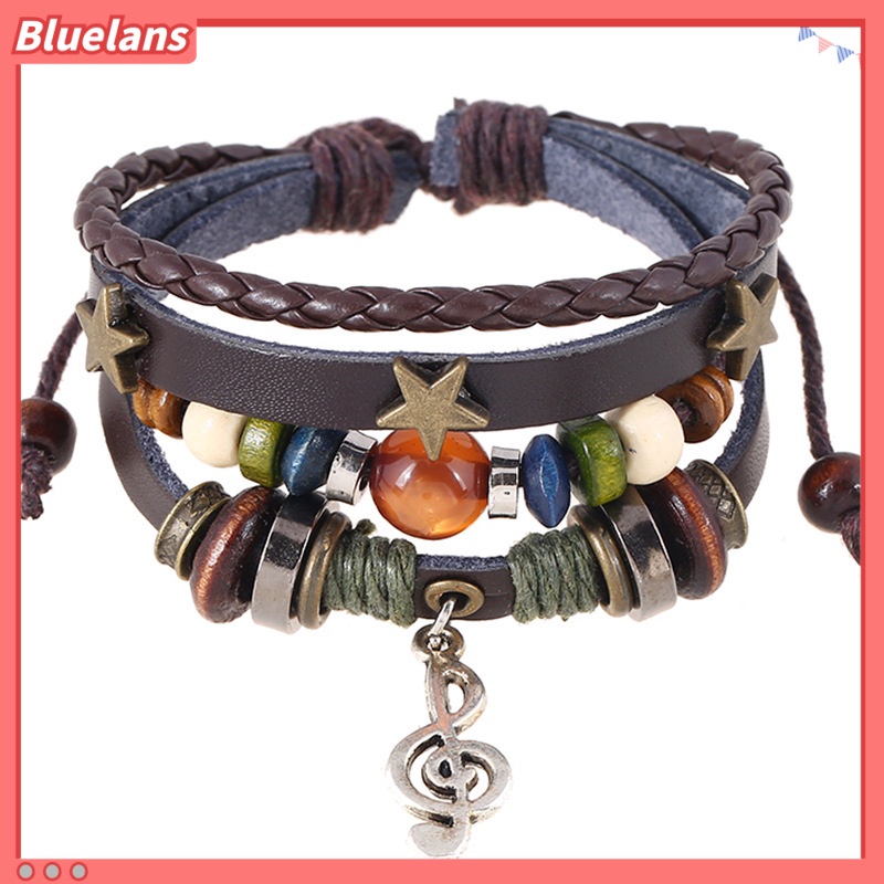 [BLS] Vòng Tay Da Bò Đính Hạt Hình Nốt Nhạc Hợp Kim Phong Cách retro