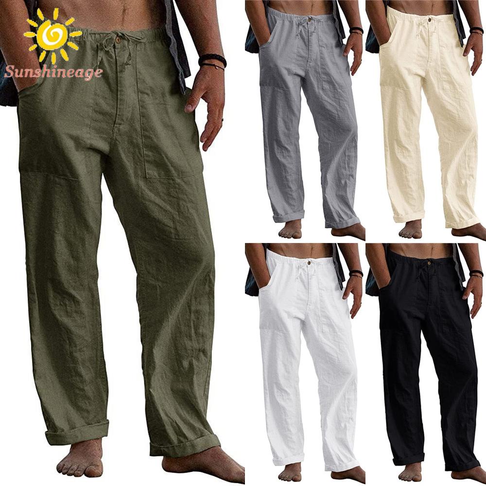 Quần Dài Đi Biển Dáng Rộng Chất Liệu Cotton Lanh Co Giãn Màu Trơn Thời Trang Mùa Hè Cho