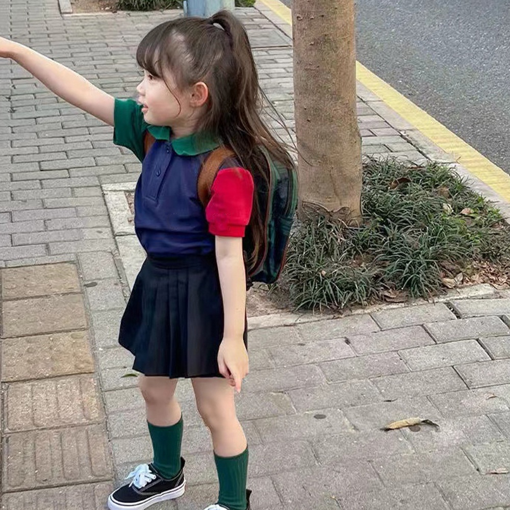 BEAR LEADER Bộ Áo Thun Polo Ngắn Tay + Chân Váy Xếp Ly Màu Đen Thời Trang Mùa Hè Cho Bé Gái 3-7 Tuổi