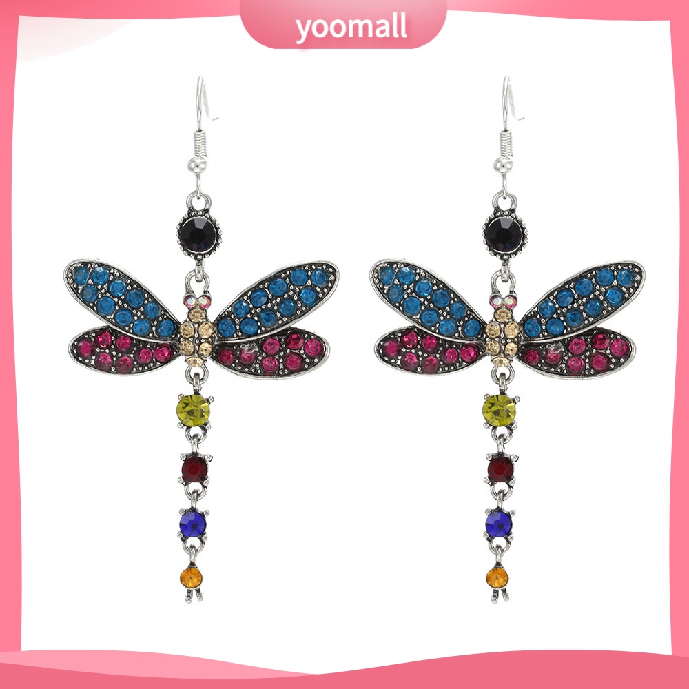 [YM] Bông Tai Dáng Dài Hình Chuồn Chuồn Đính Kim Cương Giả Nhiều Màu Sắc retro Dân Tộc Dành Cho Nữ