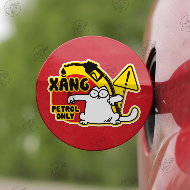 Combo 2 miếng dán trang trí bình xăng xe hơi ô tô cảnh báo chỉ đổ XĂNG CON MÈO petrol only