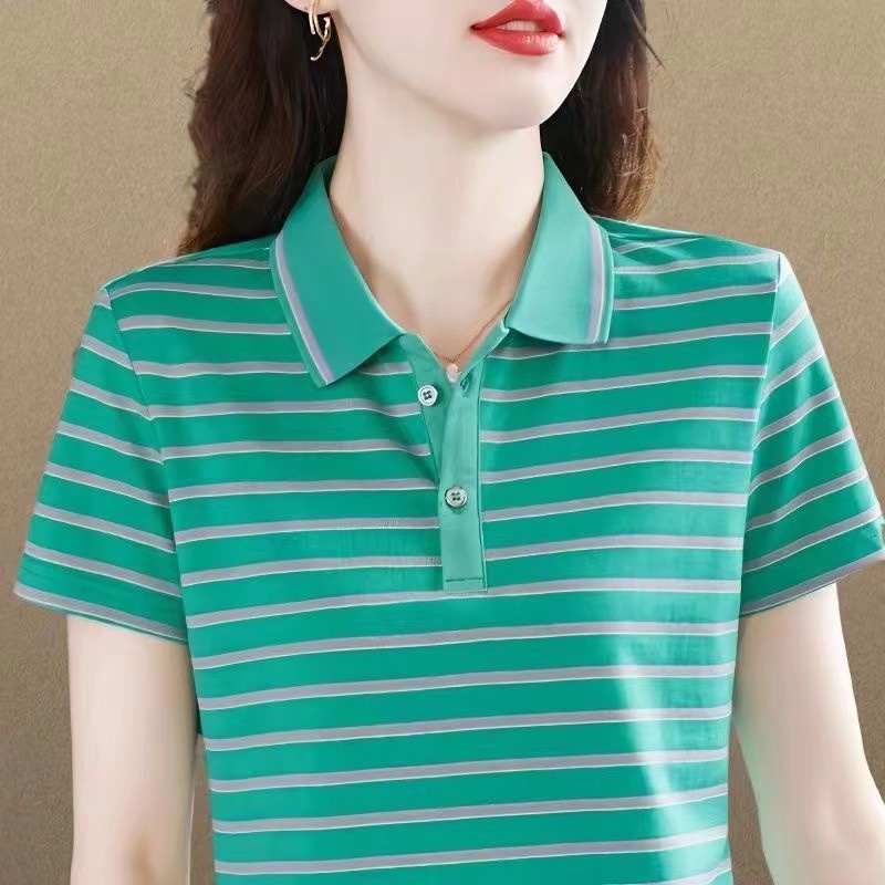 Áo Thun POLO Tay Ngắn Dáng Rộng Họa Tiết Kẻ Sọc Phong Cách Phương Tây Thời Trang Mới
