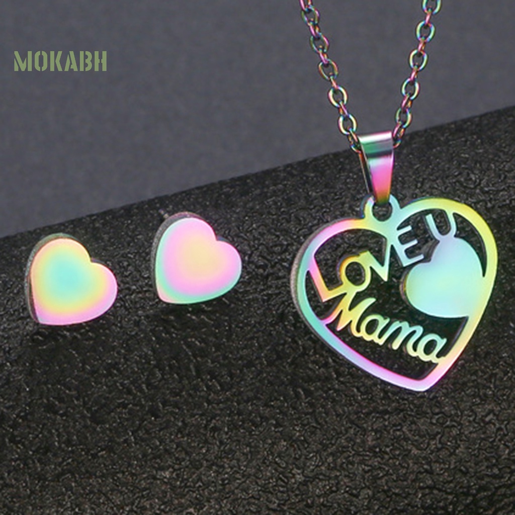 Bộ 2 Vòng cổ + Bông Tai Hình Trái Tim Màu Cầu Vồng Thời Trang Cho Nữ