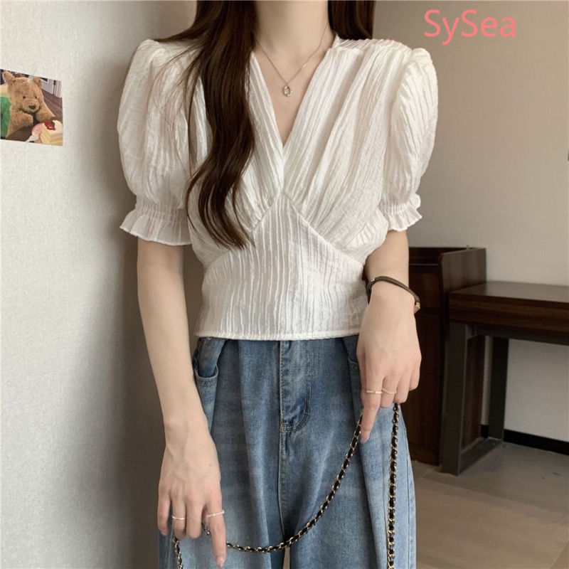 Áo Kiểu Cổ Chữ V Thiết Kế Xếp Ly Phong Cách Retro Pháp Cho Nữ