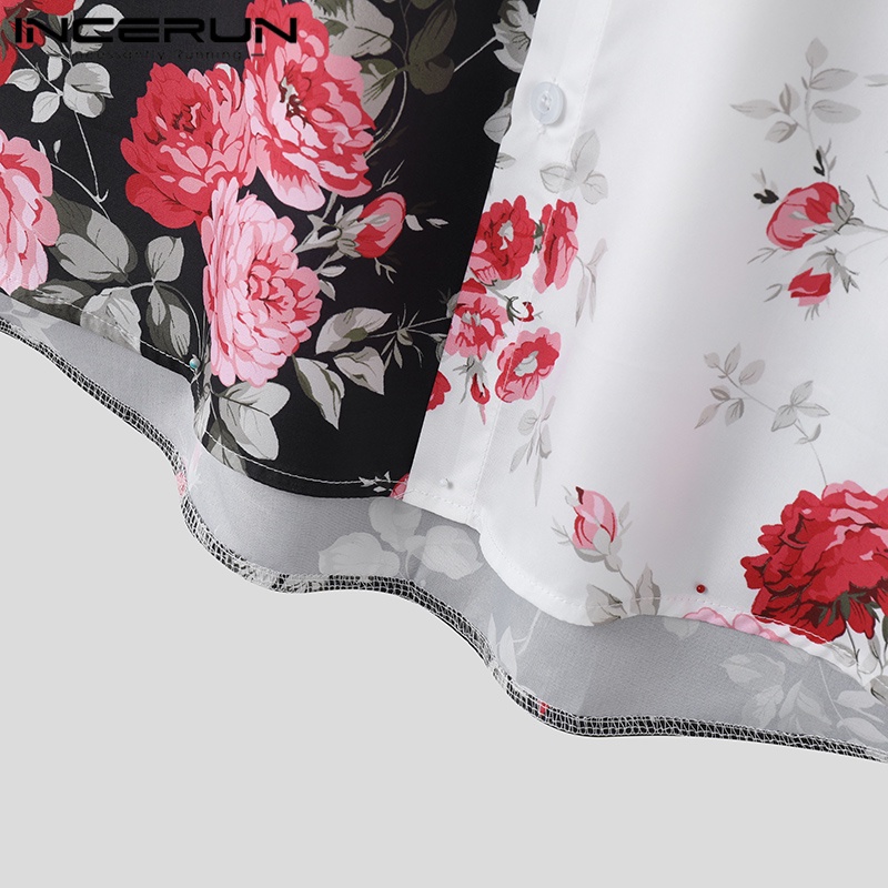 INCERUN Áo Sơ Mi Ngắn Tay Họa Tiết Hoa Hồng Phong Cách Vintage Cho Nam